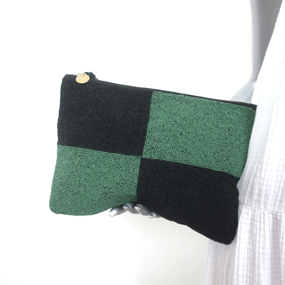 Clare V. Beaded Flat Clutch Black & Green